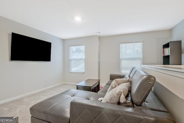 living area with baseboards and carpet floors