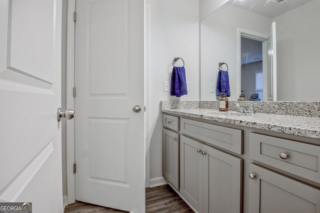 bathroom with wood finished floors and vanity