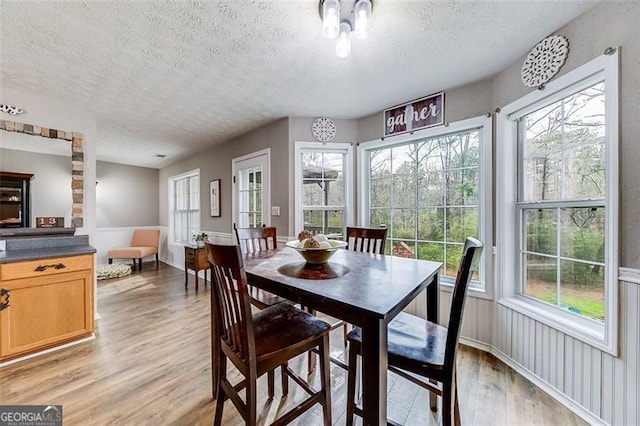 dining room featuring light wood-type flooring, a textured ceiling, and wainscoting