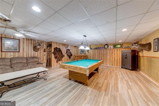 recreation room with wooden walls, recessed lighting, billiards, and light wood-style floors