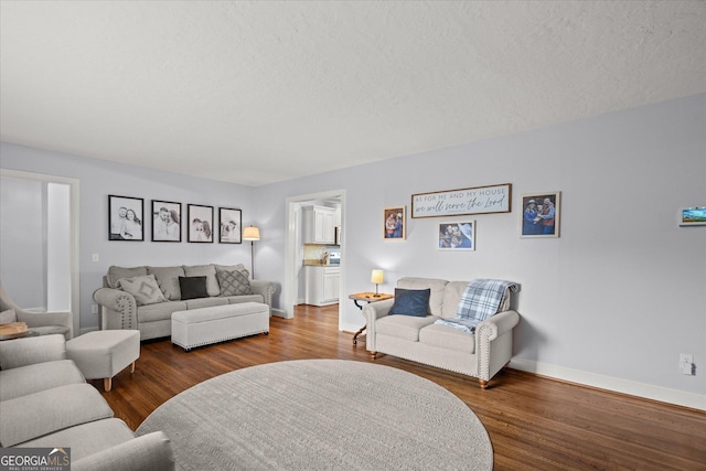 living room with wood finished floors, baseboards, and a textured ceiling