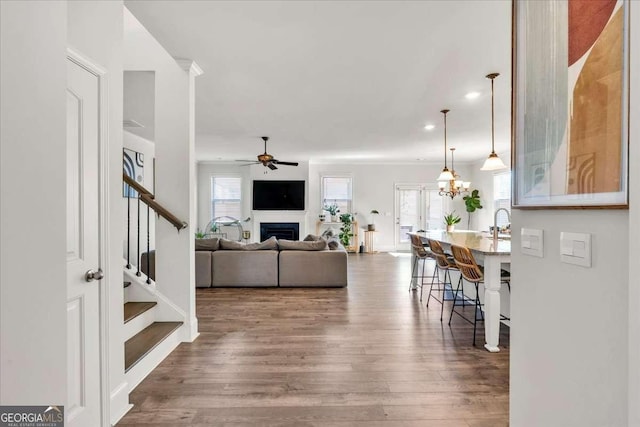 living area with stairway, a healthy amount of sunlight, a fireplace, and wood finished floors