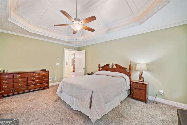 bedroom featuring visible vents, baseboards, light colored carpet, and coffered ceiling