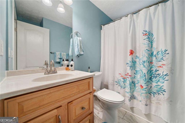 full bath featuring a textured ceiling, toilet, vanity, and shower / tub combo