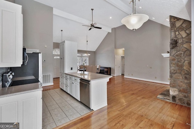 kitchen with light wood-type flooring, visible vents, a sink, open floor plan, and stainless steel appliances