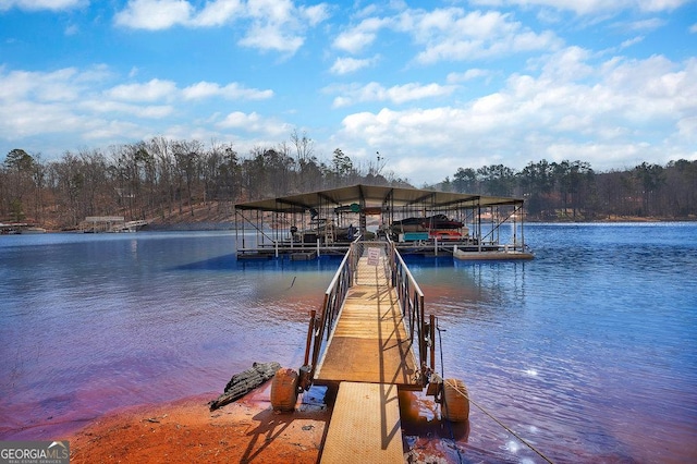 dock area featuring a water view and a view of trees