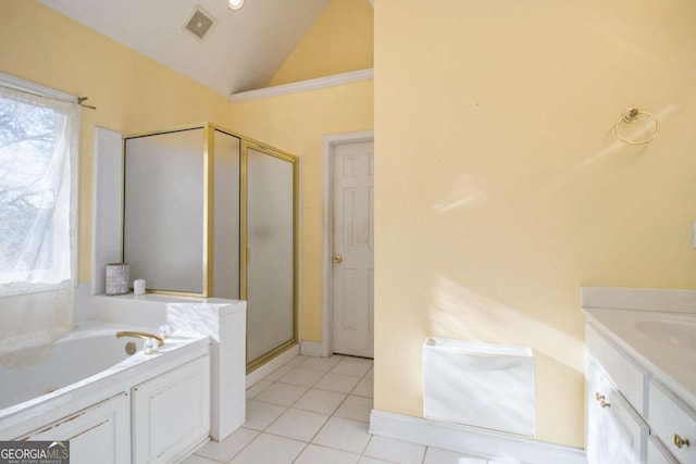 full bath featuring visible vents, lofted ceiling, a stall shower, tile patterned floors, and vanity