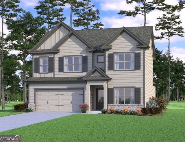 view of front of house with driveway, board and batten siding, a front yard, a shingled roof, and a garage