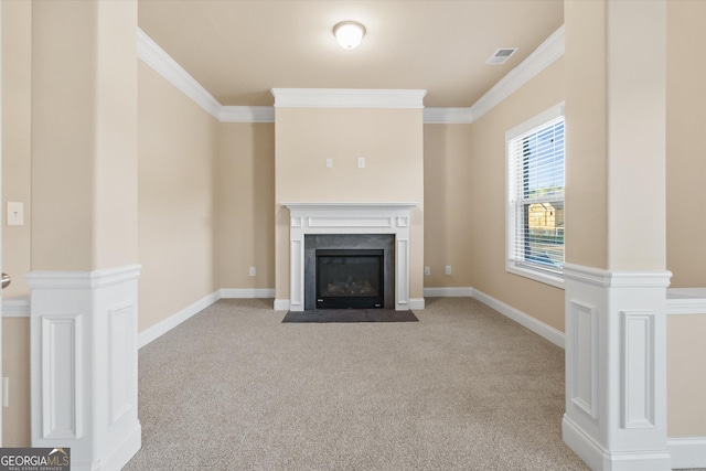 unfurnished living room with carpet, baseboards, visible vents, a fireplace with flush hearth, and ornamental molding