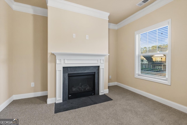 interior details featuring baseboards, visible vents, carpet floors, a fireplace with flush hearth, and ornamental molding