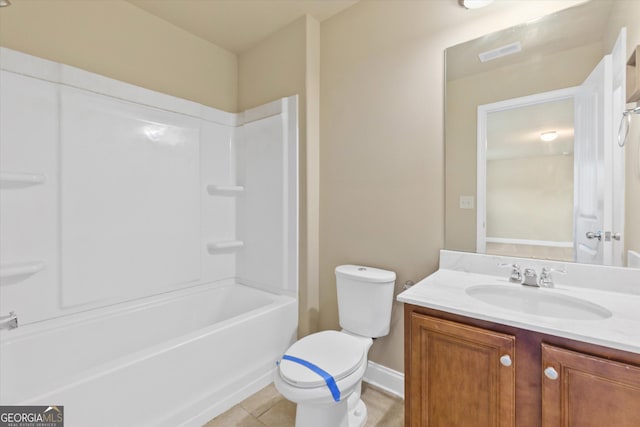 full bathroom with vanity, baseboards, visible vents, tile patterned floors, and toilet