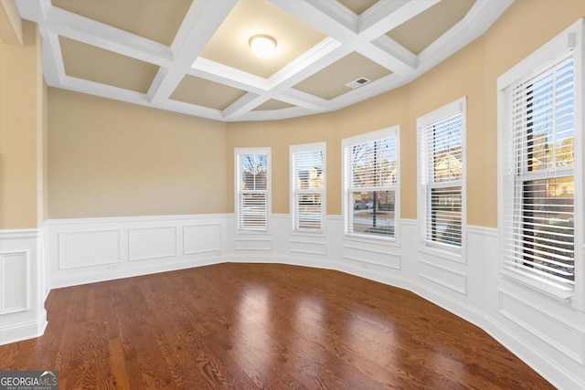 spare room featuring visible vents, beam ceiling, a wainscoted wall, coffered ceiling, and dark wood finished floors