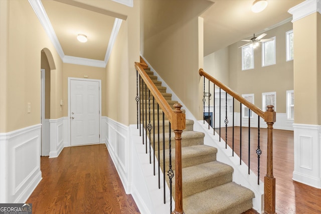 staircase featuring wood finished floors, a ceiling fan, a wainscoted wall, arched walkways, and ornamental molding