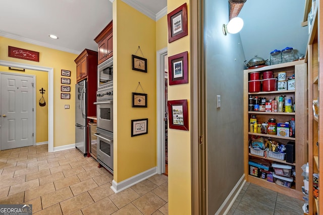 corridor with light tile patterned floors, baseboards, ornamental molding, and recessed lighting