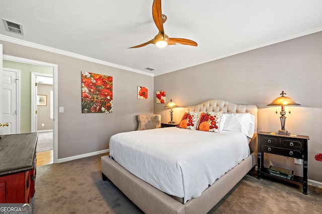 bedroom featuring visible vents, carpet, and ornamental molding