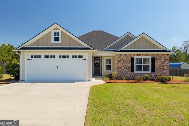 view of front of home with brick siding, board and batten siding, concrete driveway, and a front lawn