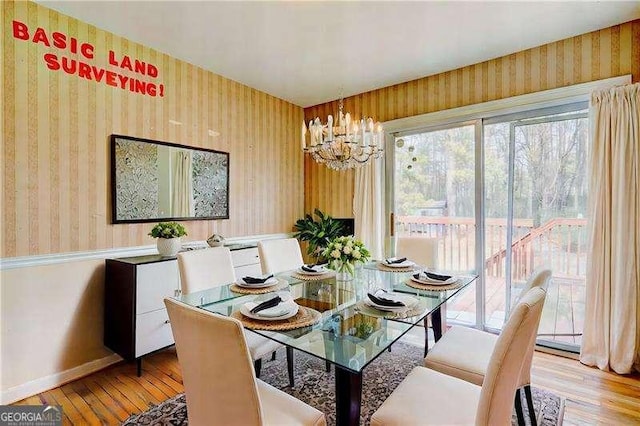 dining area featuring wallpapered walls, an inviting chandelier, hardwood / wood-style flooring, and baseboards