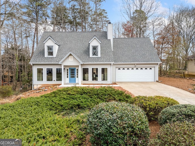 cape cod home featuring a garage, a chimney, driveway, and a shingled roof