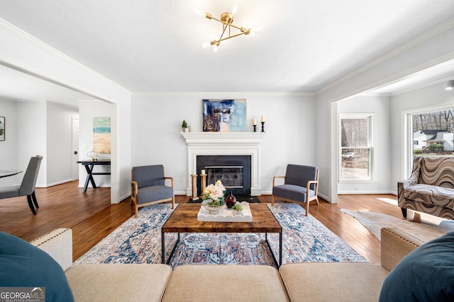 living room featuring a fireplace with flush hearth, ornamental molding, baseboards, and wood finished floors