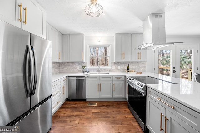 kitchen with island exhaust hood, appliances with stainless steel finishes, light countertops, and a sink