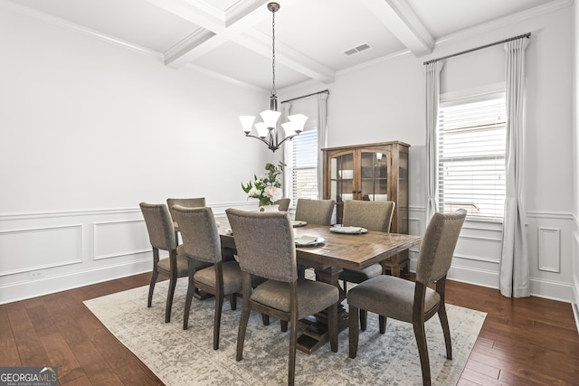 dining area featuring beamed ceiling, plenty of natural light, visible vents, and a chandelier