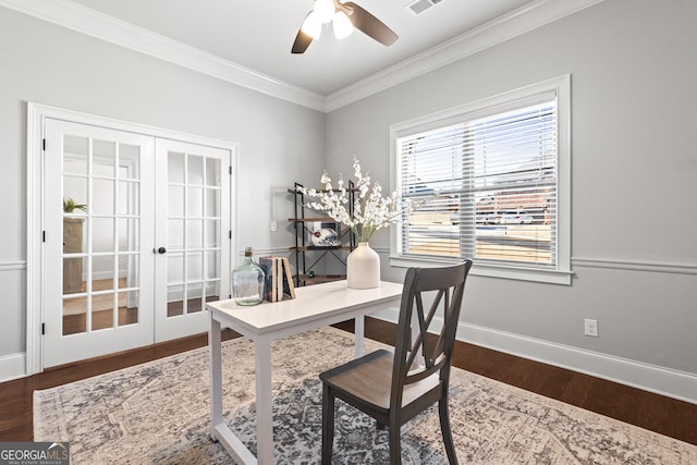 office space featuring french doors, baseboards, dark wood-type flooring, and a ceiling fan