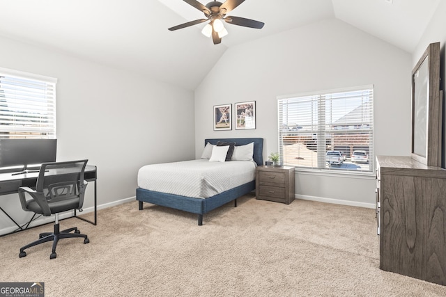 carpeted bedroom with vaulted ceiling, multiple windows, and baseboards