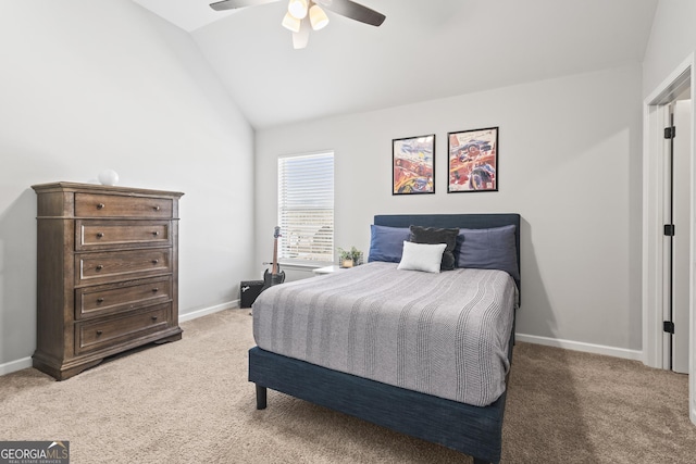 carpeted bedroom featuring ceiling fan, baseboards, and vaulted ceiling