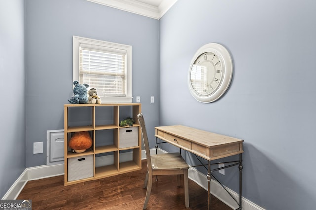 office space featuring visible vents, crown molding, baseboards, and wood finished floors