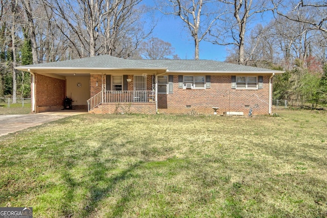 ranch-style home with a carport, a front lawn, driveway, and crawl space