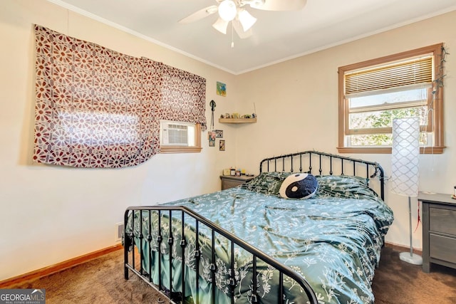 carpeted bedroom featuring baseboards, ornamental molding, a ceiling fan, and a wall mounted AC