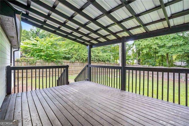 deck with a lawn and a fenced backyard