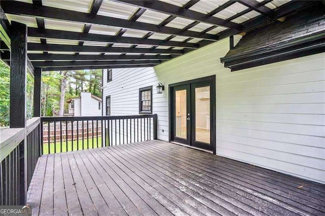 wooden terrace featuring french doors