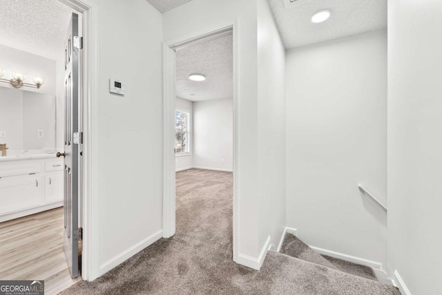 hall featuring light colored carpet, a textured ceiling, baseboards, and a sink