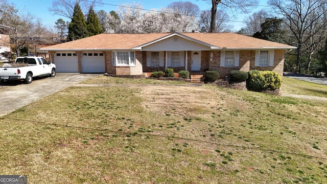 ranch-style house with brick siding, driveway, a front lawn, and a garage