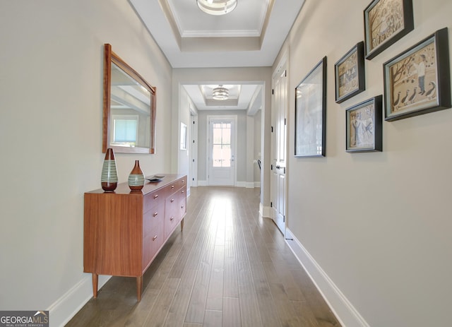 interior space featuring a raised ceiling, baseboards, dark wood-type flooring, and ornamental molding