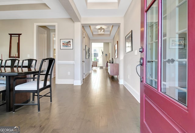 foyer featuring baseboards, a raised ceiling, and dark wood-style flooring