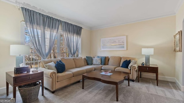 living area with crown molding, light colored carpet, and baseboards