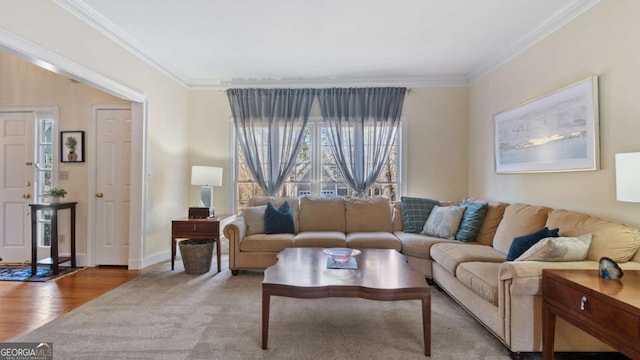 living room with wood finished floors, baseboards, and ornamental molding