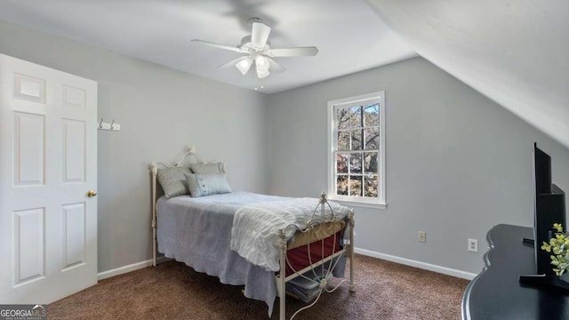 bedroom featuring vaulted ceiling, a ceiling fan, baseboards, and carpet floors