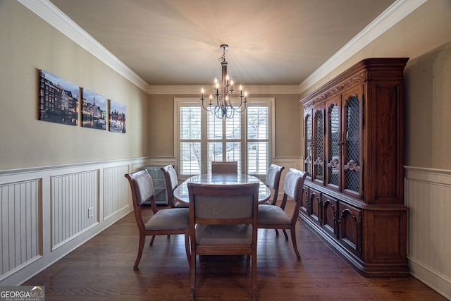 dining room featuring a notable chandelier, wainscoting, dark wood-type flooring, and ornamental molding