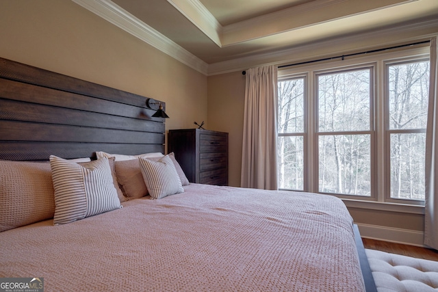 bedroom featuring multiple windows, wood finished floors, a raised ceiling, and ornamental molding