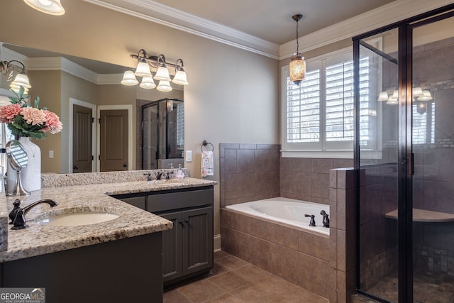 bathroom with vanity, tile patterned flooring, a shower stall, crown molding, and a bath