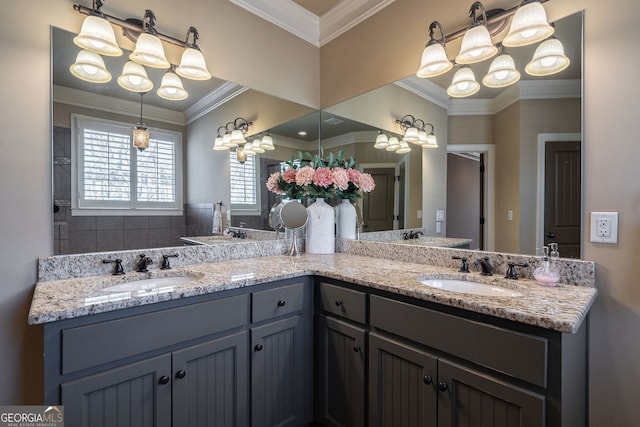 bathroom with a sink, double vanity, and crown molding