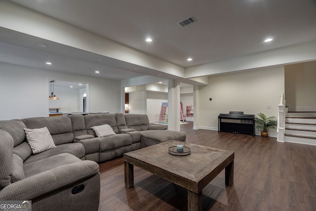 living room featuring visible vents, dark wood finished floors, recessed lighting, stairway, and baseboards