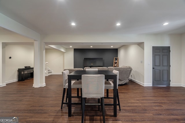 dining space featuring dark wood-style floors, stairway, recessed lighting, and baseboards