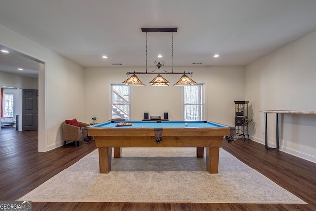 recreation room featuring billiards, recessed lighting, and dark wood-style floors