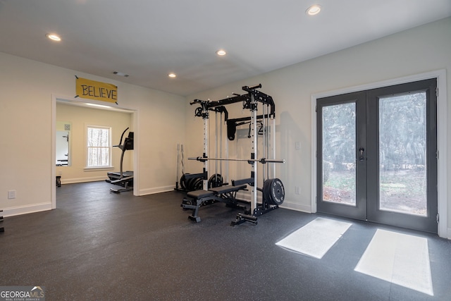 workout room featuring recessed lighting, french doors, and baseboards