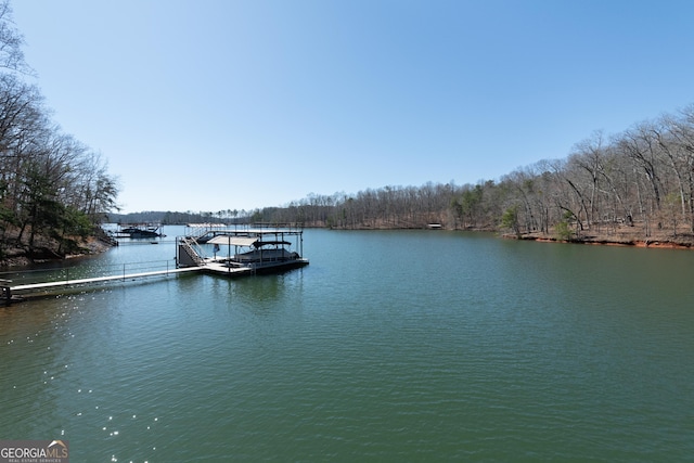 exterior space with a floating dock and a view of trees