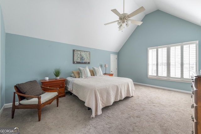 bedroom featuring ceiling fan, baseboards, carpet floors, and high vaulted ceiling